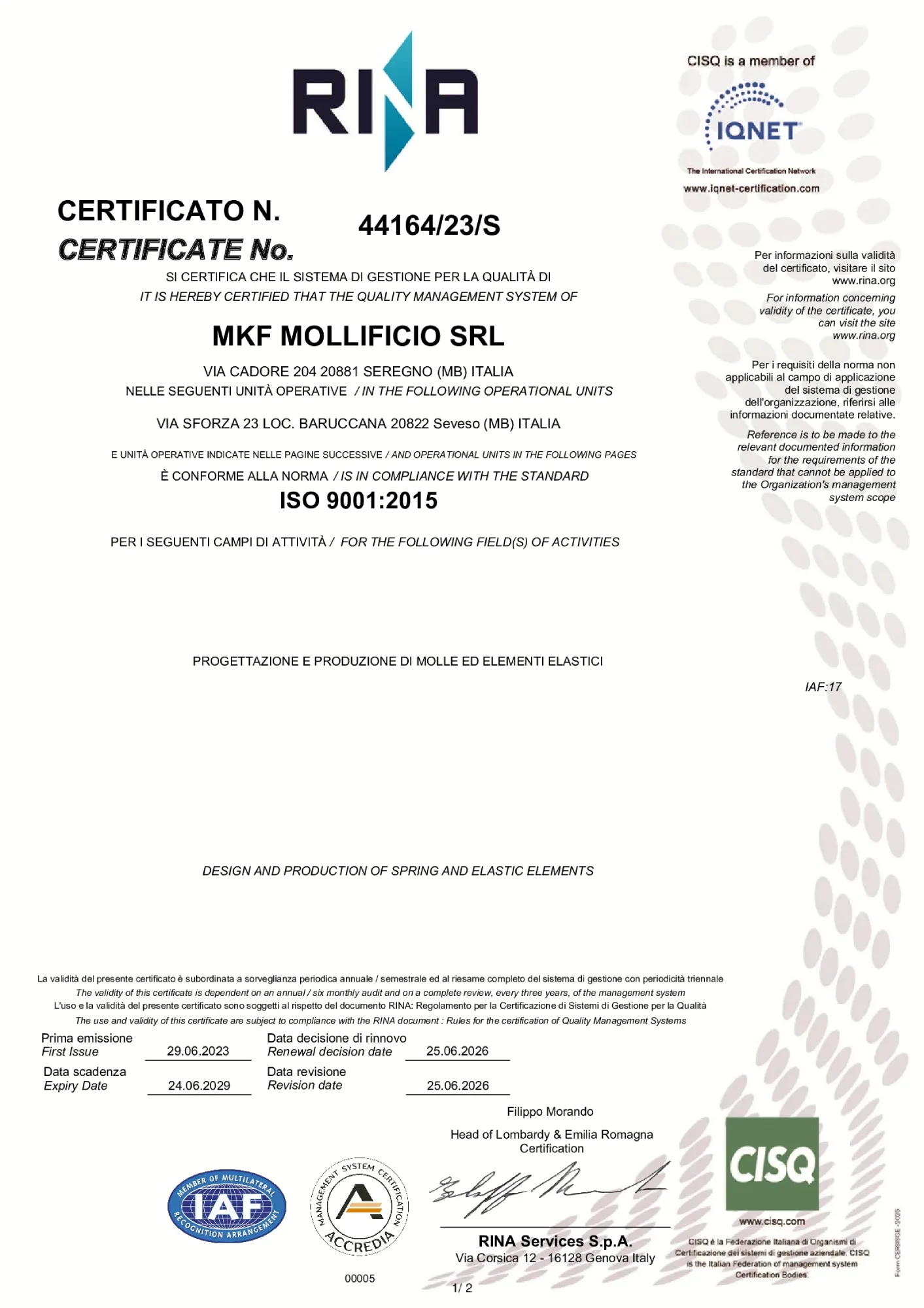 Certificato ISO 9001 di MKF Mollificio